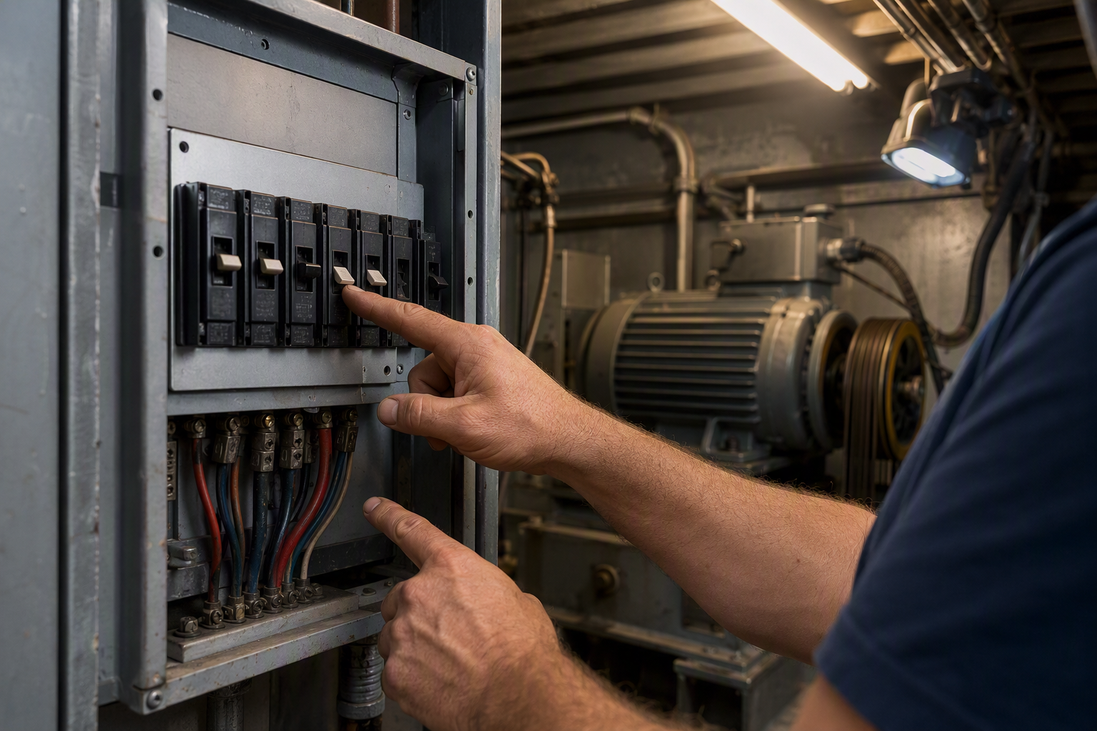 Tripped Breaker in Elevator Machine Room Facilities worker identifying a tripped circuit breaker in a commercial elevator machine room, a common first step when troubleshooting elevator problems before calling a technician