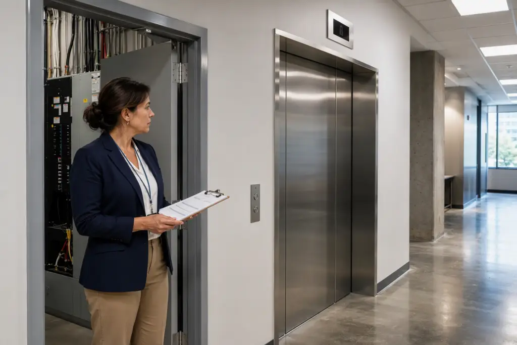 Building manager reviewing an elevator troubleshooting checklist in a Washington DC office corridor before calling a certified elevator technician for repair