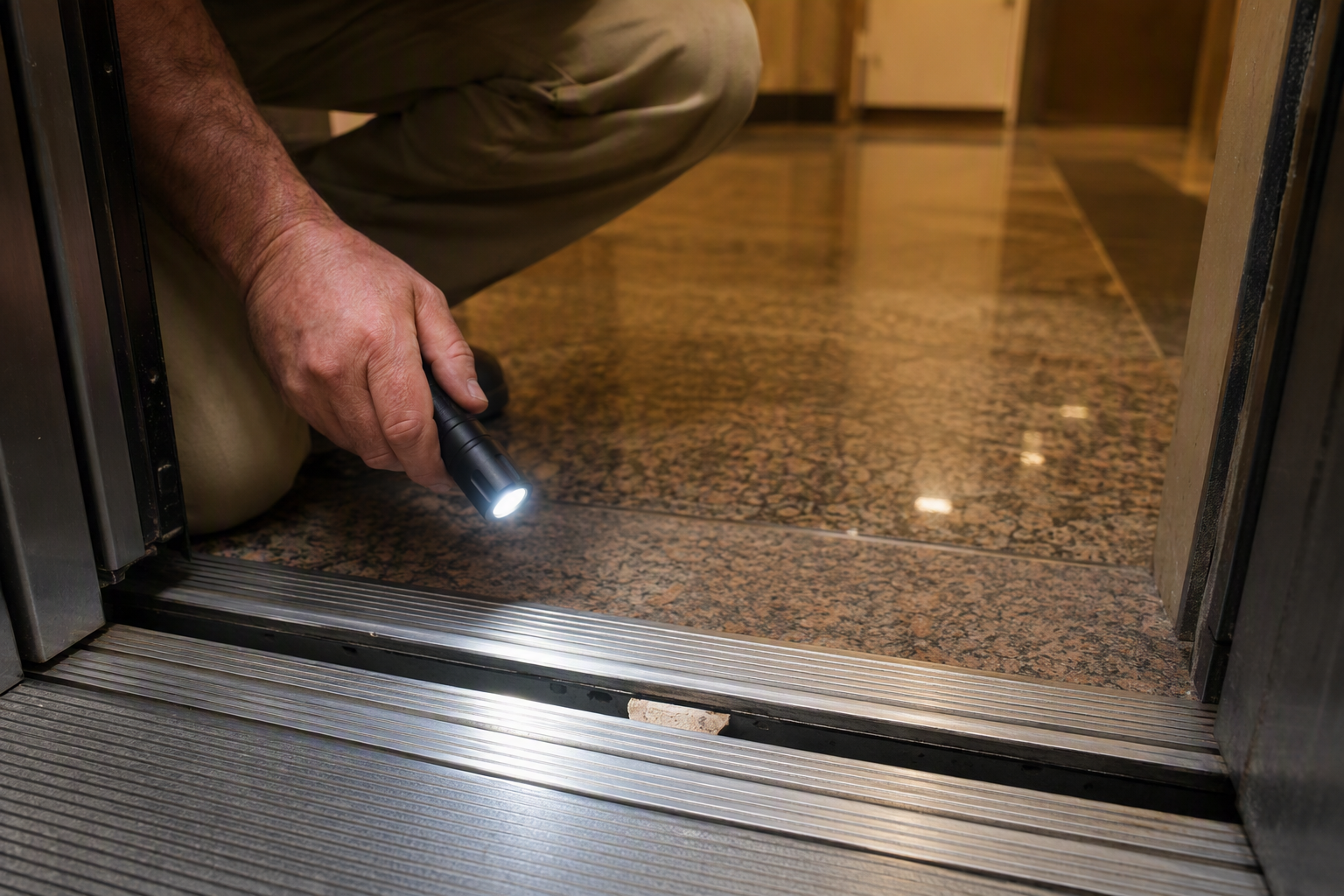 Elevator Door Track Obstruction Inspection Building superintendent inspecting an elevator door track for obstructions at the cab threshold, a safe troubleshooting step to resolve elevator door problems before calling a repair technician