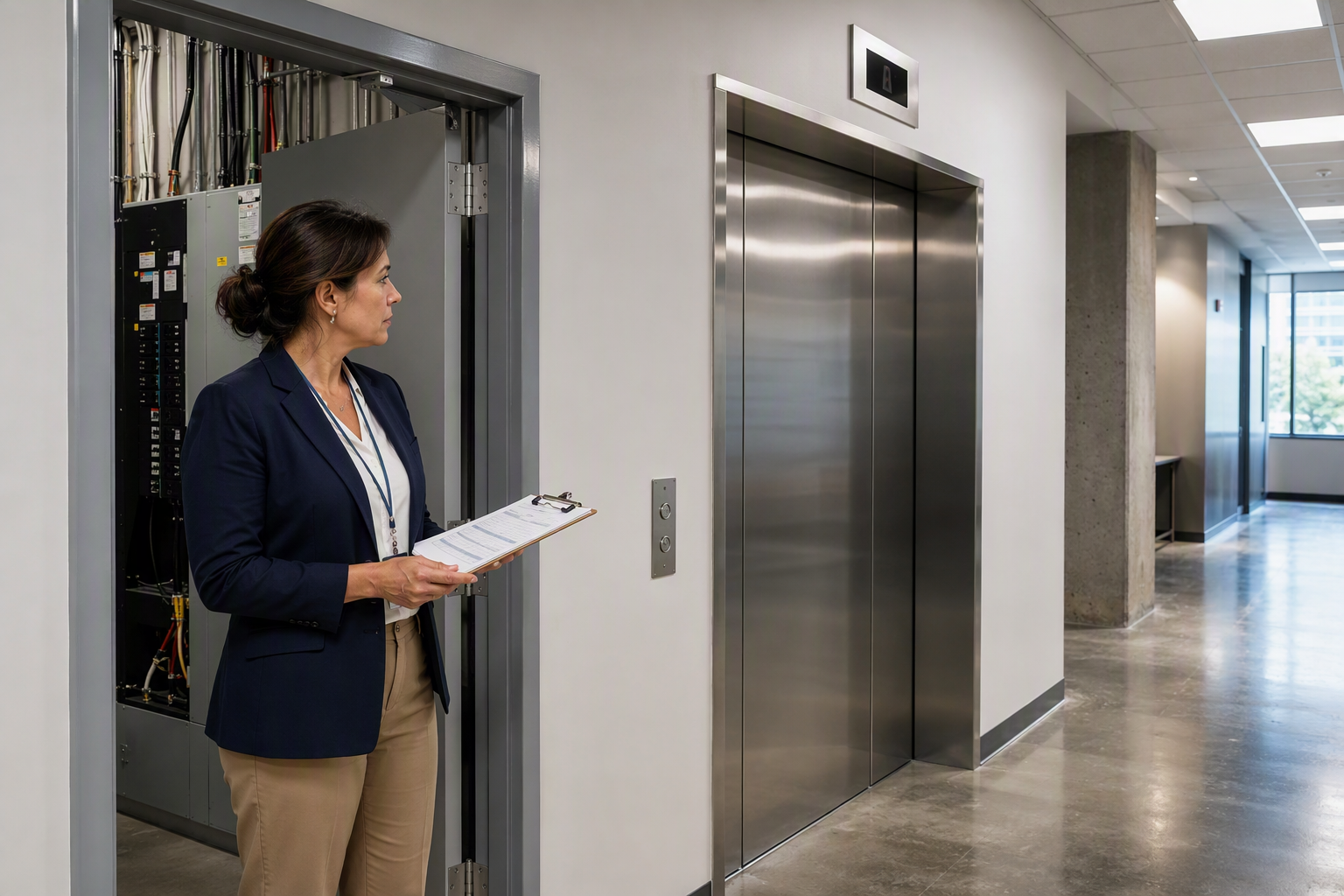 Pre-Call Elevator Inspection Checklist Building manager reviewing an elevator troubleshooting checklist in a Washington DC office corridor before calling a certified elevator technician for repair