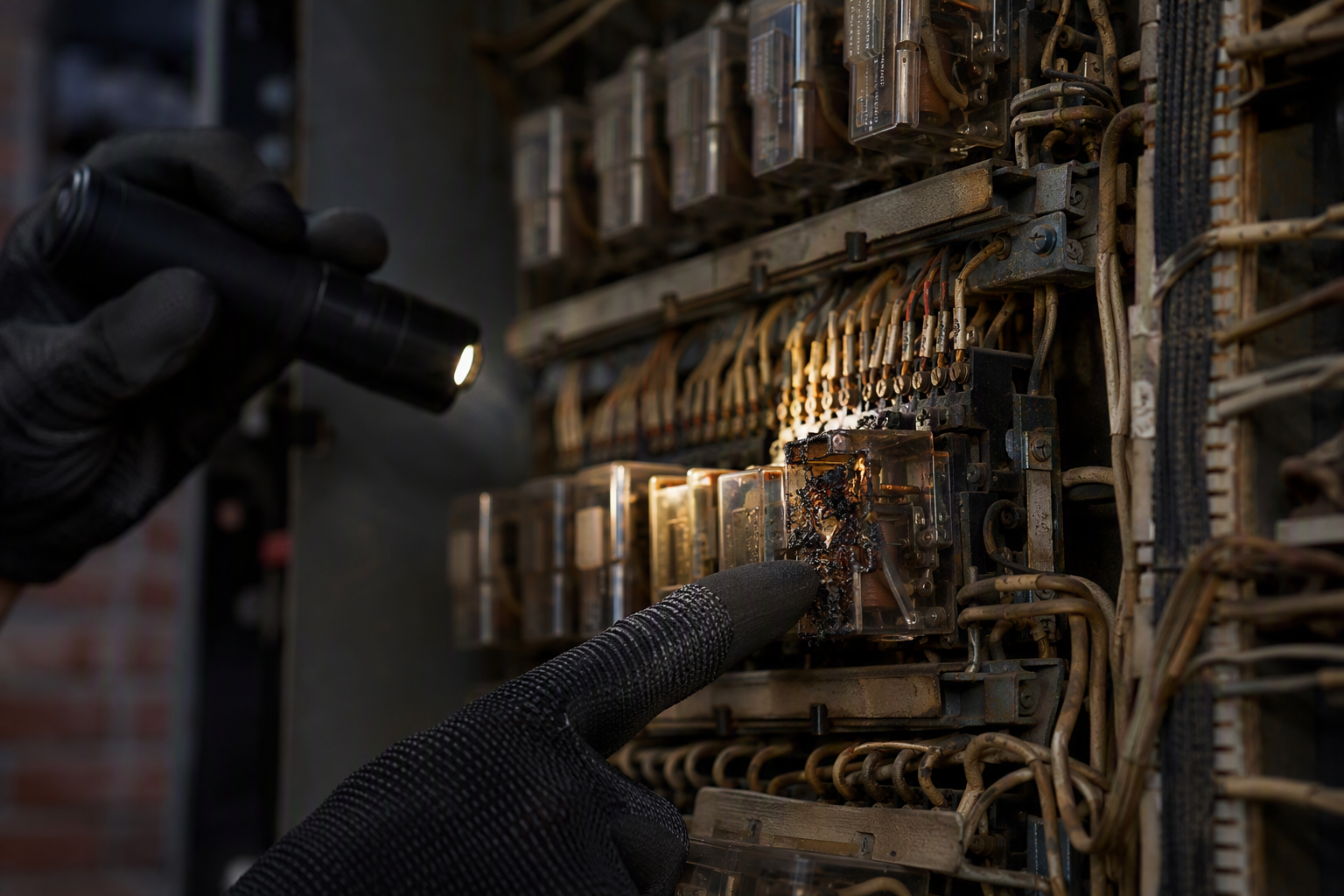 Obsolete Elevator Control Panel Components Technician inspecting a burned relay in an obsolete 1980s elevator control panel — outdated components that are no longer manufacturer-supported signal urgent need for elevator modernization