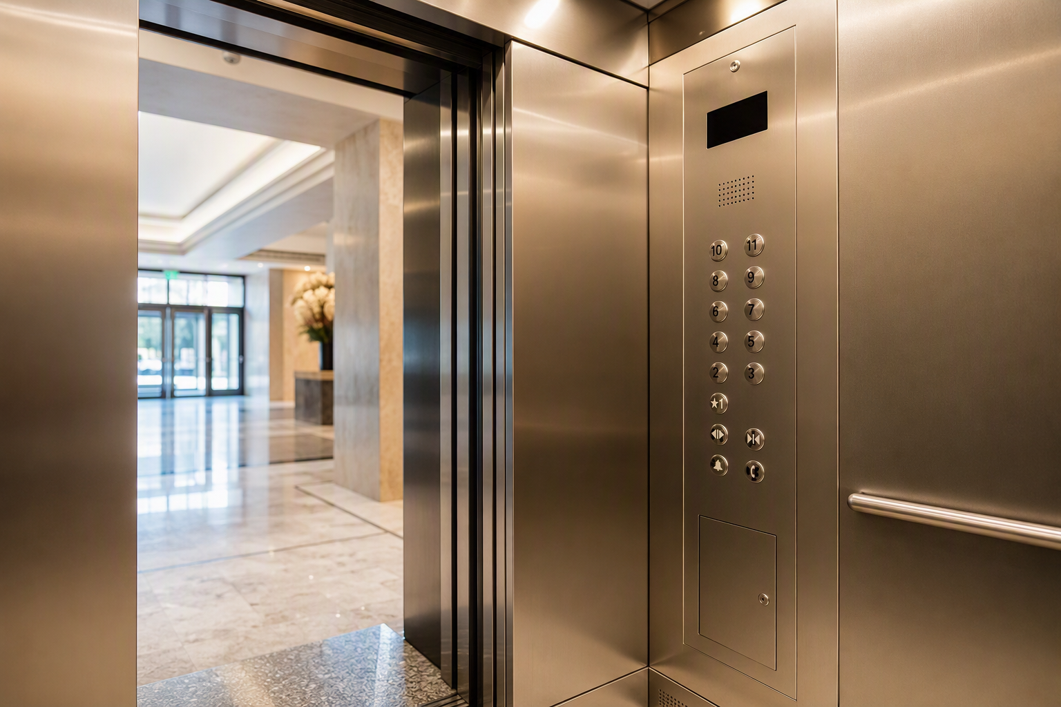 Modernized ADA-Compliant Elevator Cab Interior Modernized elevator cab interior with ADA-compliant controls, LED lighting, and contemporary stainless finishes — the result of elevator replacement addressing ASME A17.1 compliance and liability risk