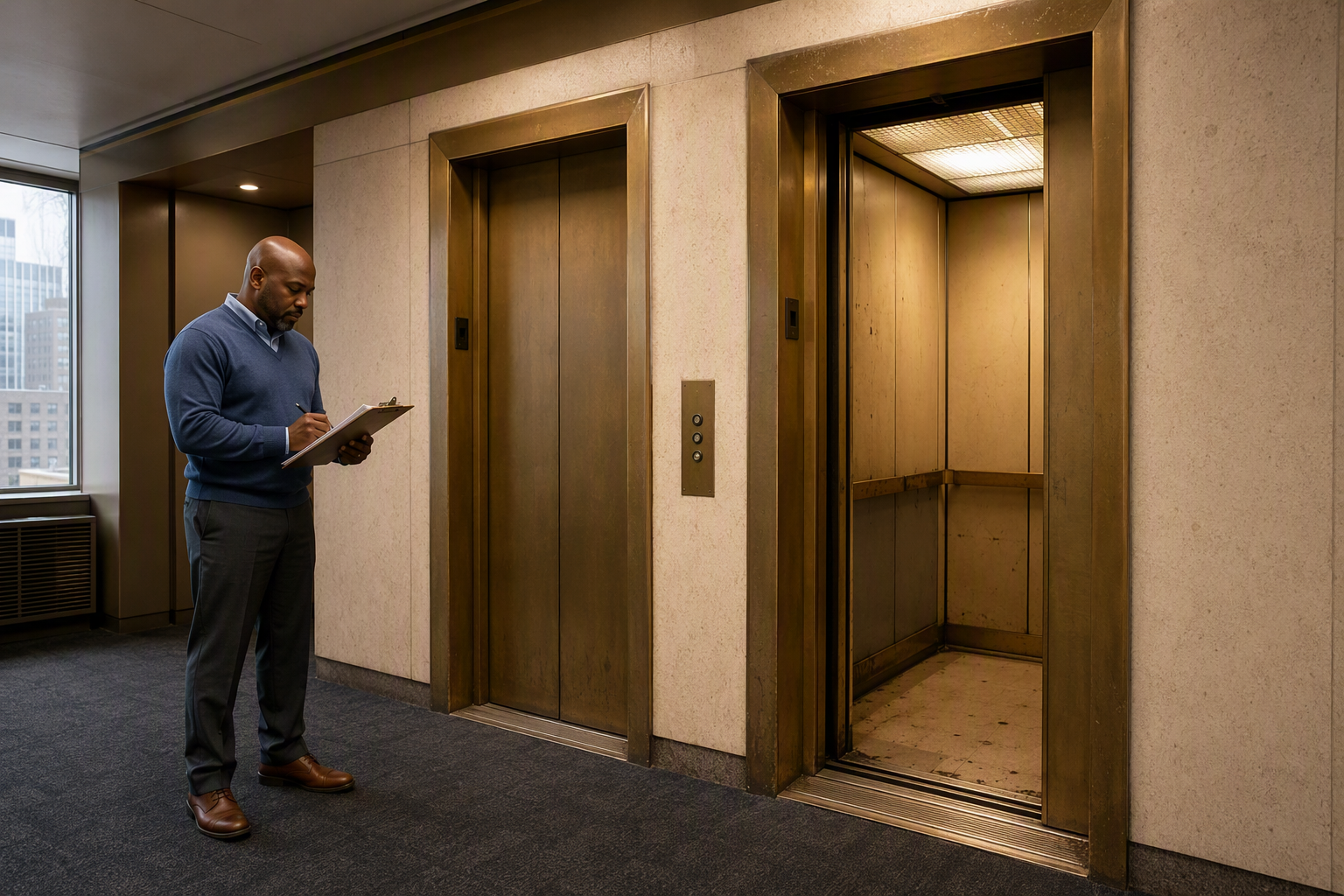 Aging Elevator Liability Warning Signs Building manager reviewing elevator service logs beside aging elevator doors showing wear and outdated fixtures — signs an elevator may need modernization or replacement