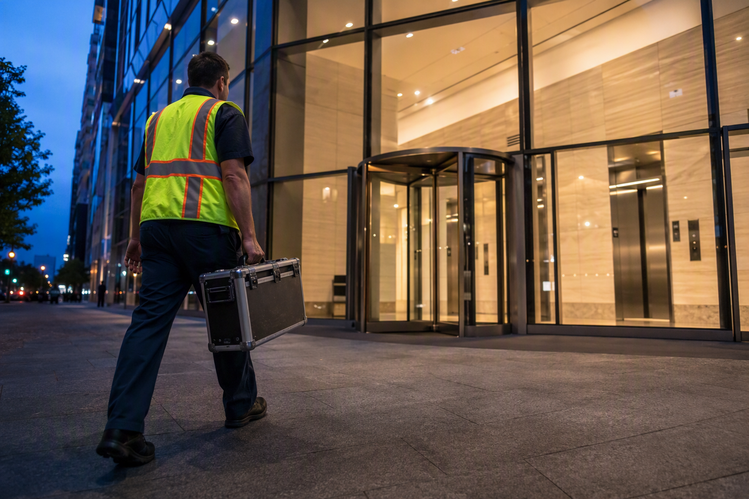 Emergency Elevator Technician Dispatch – Washington DC Emergency elevator repair technician arriving at a Washington DC commercial office building lobby to respond to an elevator failure call