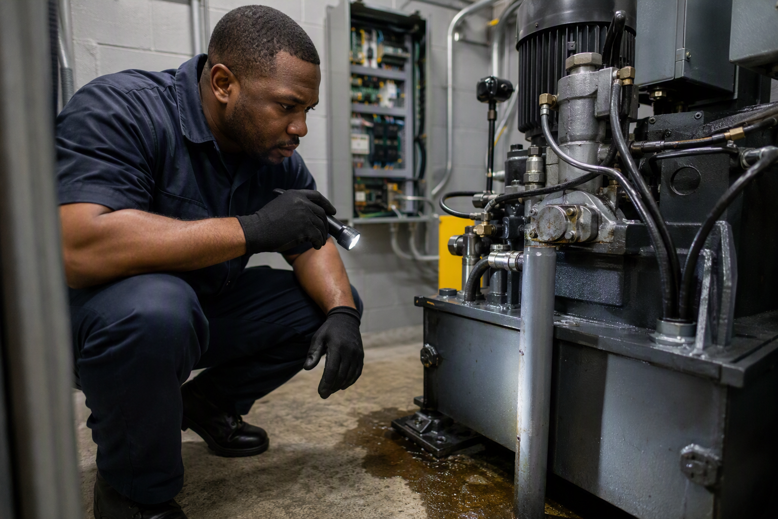 Hydraulic Elevator Machine Room Emergency Inspection Elevator technician inspecting a hydraulic fluid leak inside a Washington DC building machine room during an emergency elevator repair service call