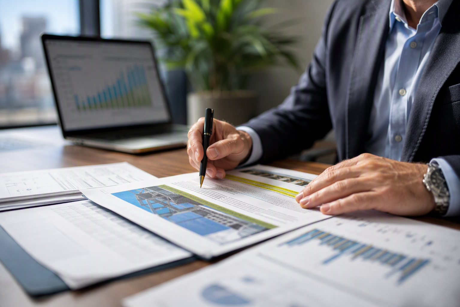 Reviewing Federal Tax Incentive Documentation for Elevator Upgrades Commercial building manager reviewing Section 179D federal tax deduction documentation for energy-efficient elevator upgrades in a Baltimore MD office in 2026.