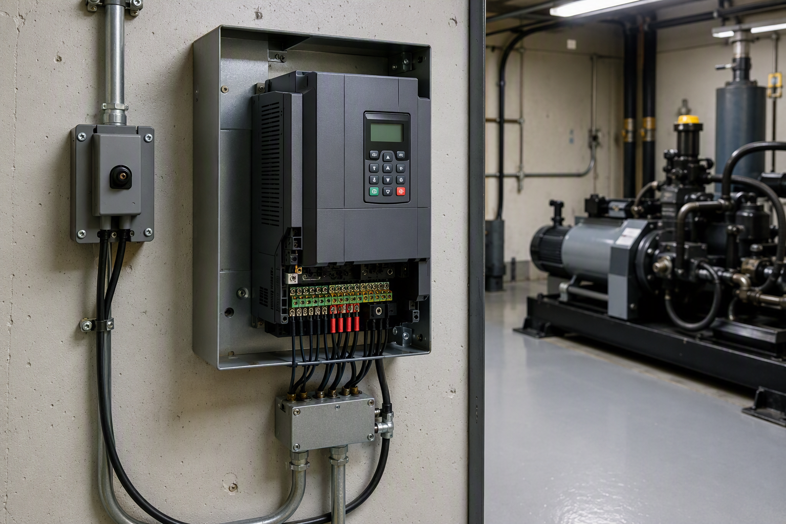 VFD Controller Installed on Hydraulic Elevator Pump — Machine Room Detail Variable frequency drive VFD unit installed on a hydraulic elevator pump motor in a Baltimore commercial building machine room, a qualifying upgrade for BGE Smart Energy Savers rebates in 2026.