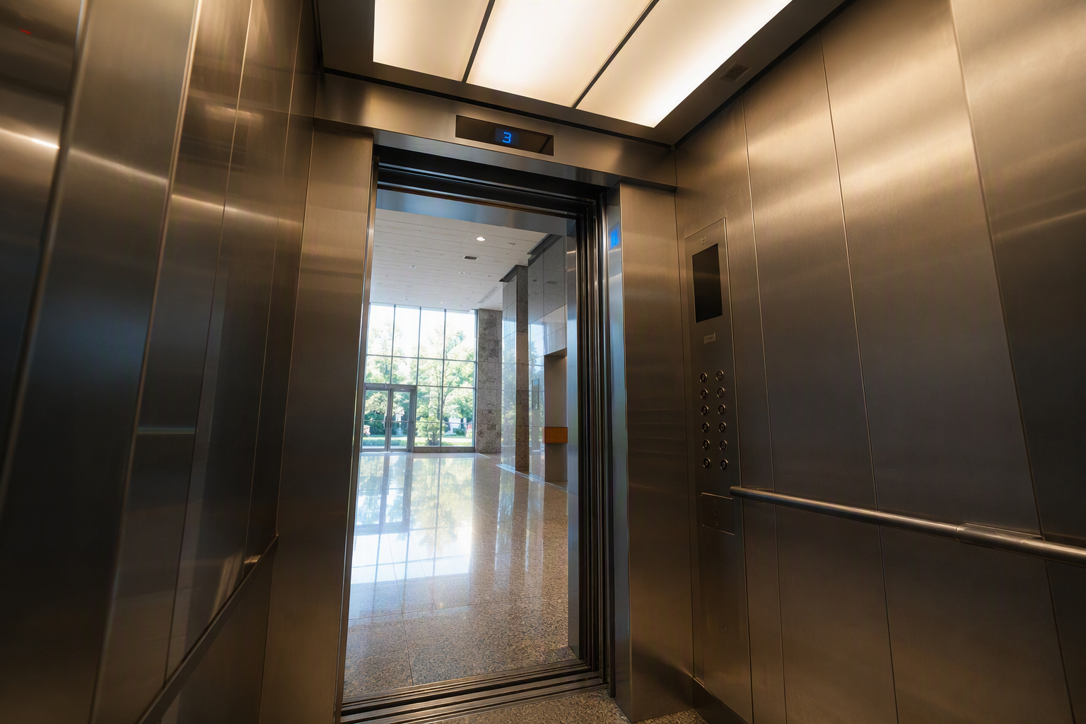 Modernized Commercial Elevator Cab — Baltimore, MD Modernized commercial elevator cab interior with LED lighting and stainless steel panels in a Baltimore MD office building, showcasing energy-efficient elevator upgrades in 2026.