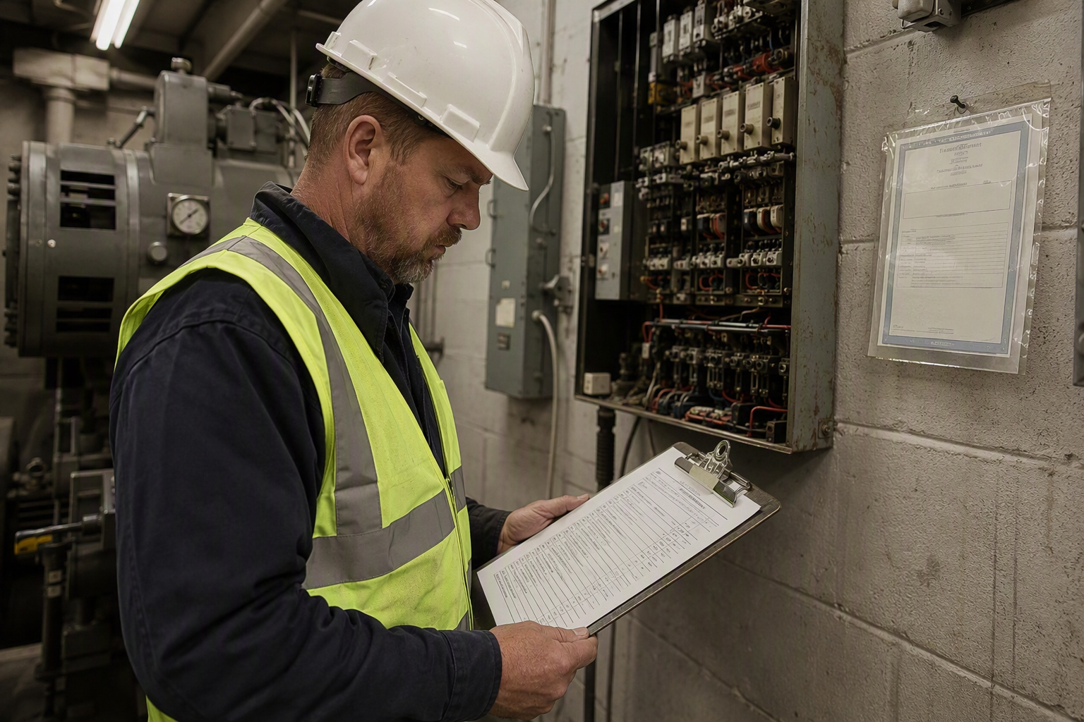 Elevator Inspector Reviewing Freight Elevator Compliance Documentation State elevator inspector reviewing compliance checklist in a freight elevator machine room with controller panel and certificate of operation visible on the wall
