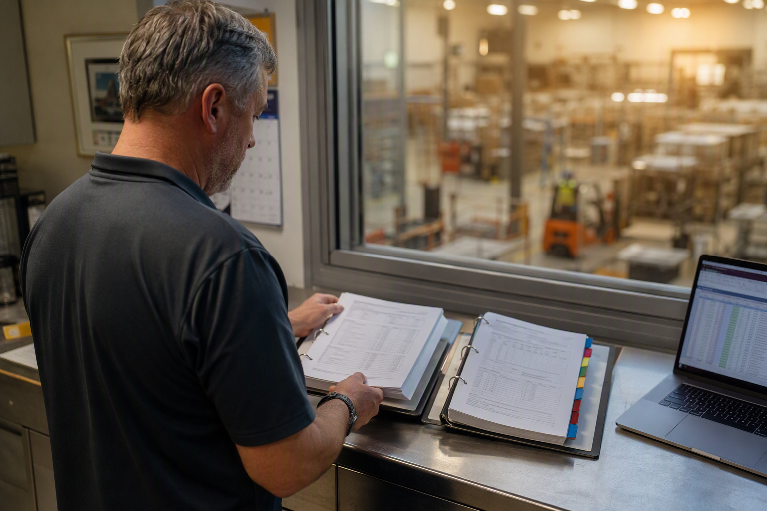 Facilities Manager Comparing Multi-Jurisdiction Freight Elevator Compliance Records Facilities manager comparing freight elevator maintenance logs and inspection records across multiple state jurisdictions at a warehouse office desk in the mid-Atlantic region