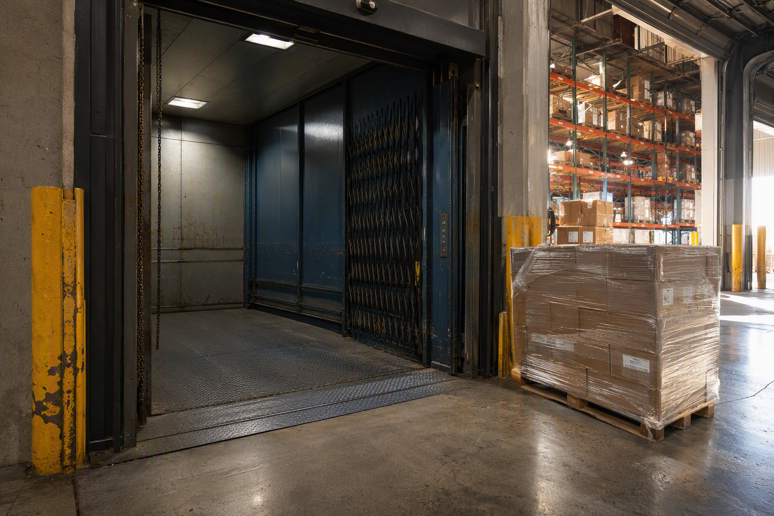 Warehouse Freight Elevator in Commercial Distribution Center Heavy-duty freight elevator with collapsible gate and reinforced platform in a Baltimore-area warehouse, illustrating freight elevator maintenance and safety compliance requirements