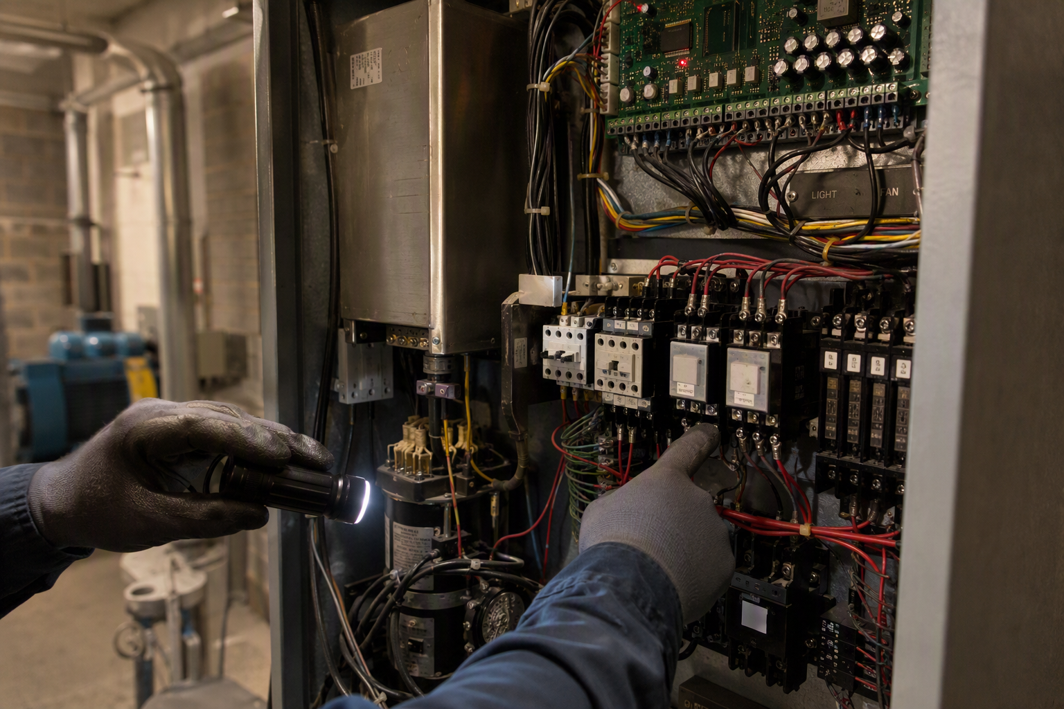 Elevator technician inspecting a machine room controller cabinet during a full maintenance agreement service visit, showing systematic component-level inspection beyond basic lubrication and adjustmen