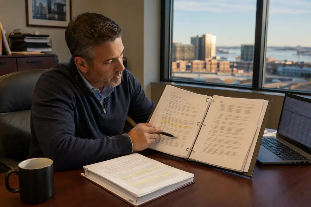 Facility manager reviewing an elevator service contract binder at a desk, comparing full maintenance agreement versus lubrication and adjustment contract scope-of-service language