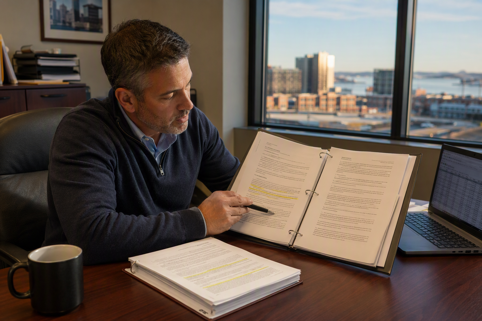 Facility manager reviewing an elevator service contract binder at a desk, comparing full maintenance agreement versus lubrication and adjustment contract scope-of-service language
