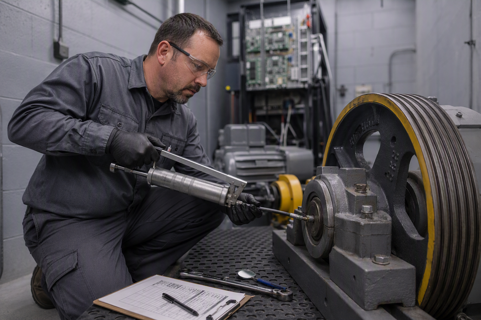 Elevator mechanic lubricating a traction drive sheave bearing during a scheduled preventive maintenance visit covered under a full elevator maintenance contract