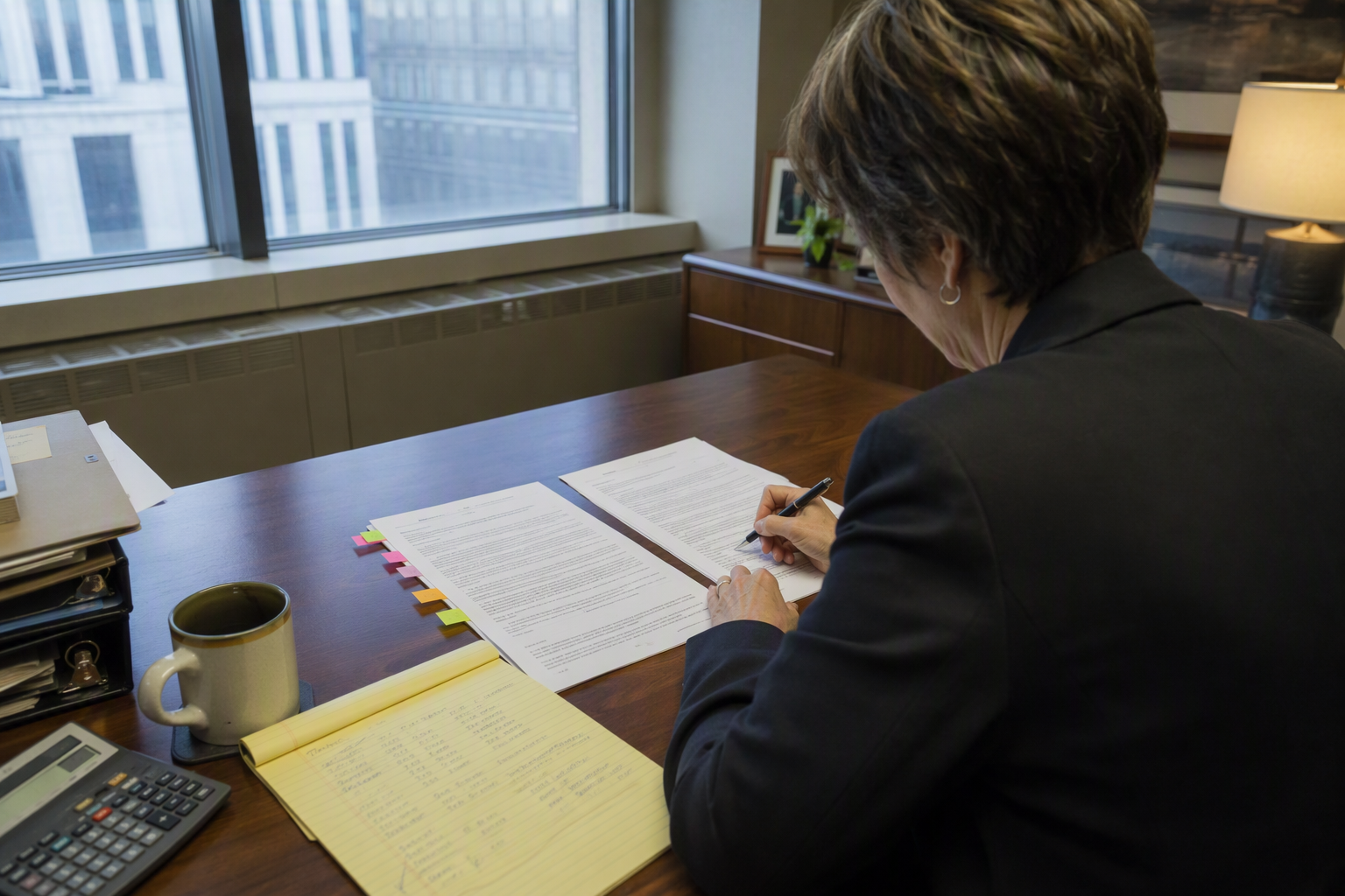 Facilities director comparing full maintenance and parts-only elevator contract proposals side by side at a desk, weighing monthly cost against repair risk exposure