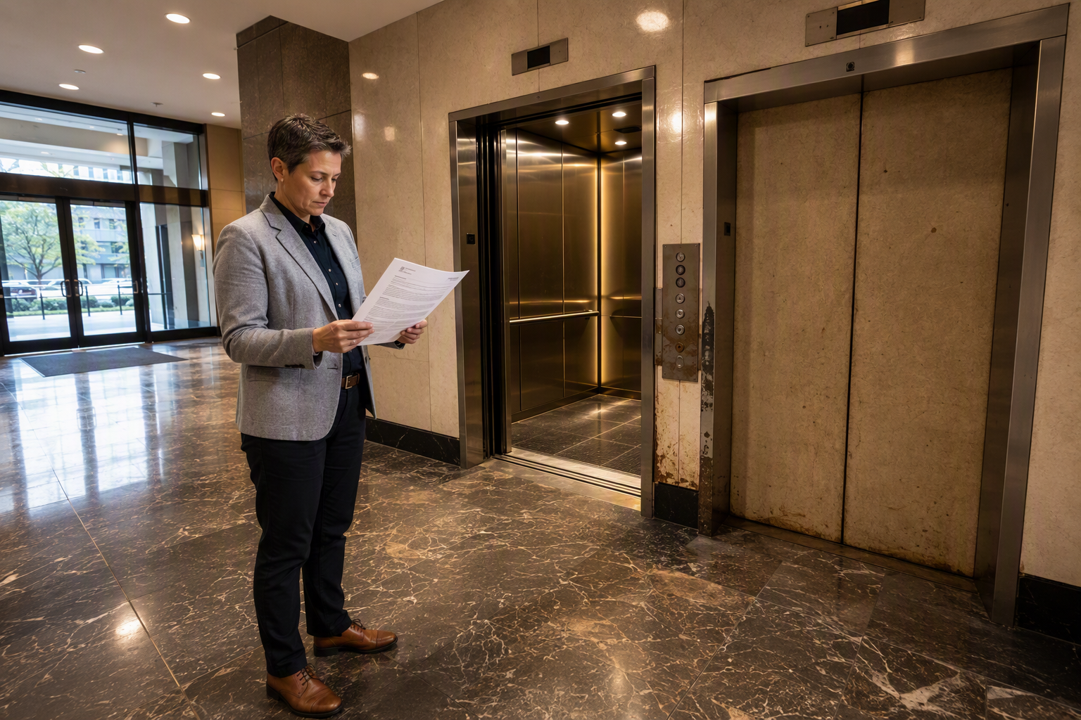 Building property manager in a Washington DC office lobby comparing elevator service contract documents beside two elevator bays, one modernized and one older
