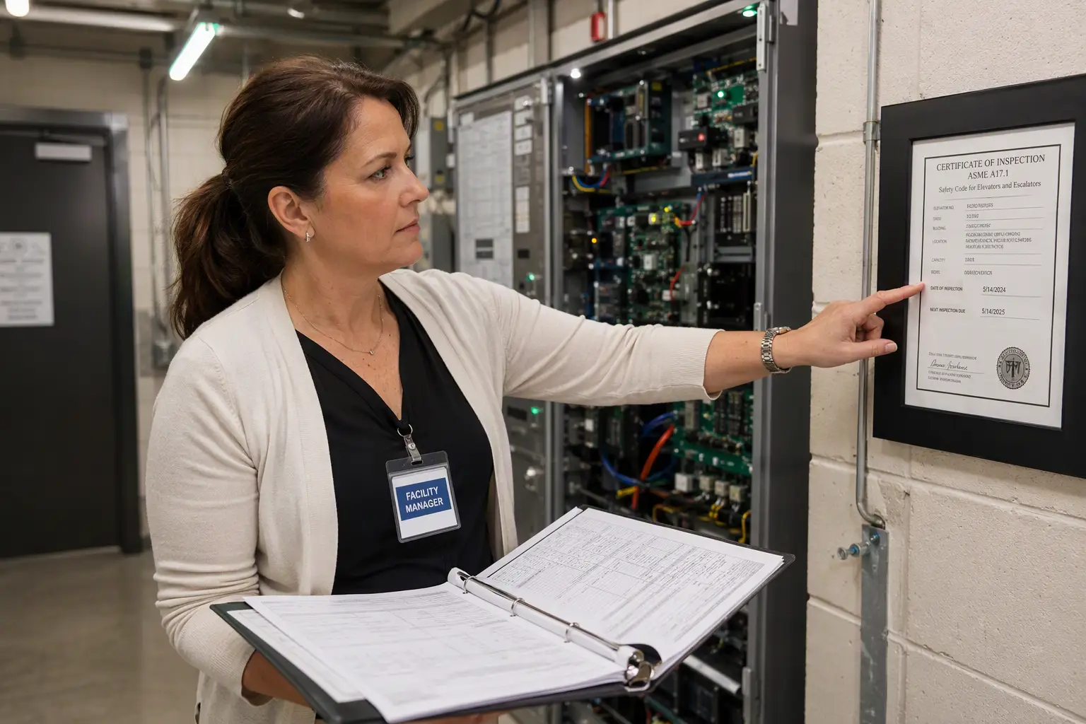 Facility compliance manager reviewing elevator maintenance records and inspection certificate in a hospital elevator machine room, highlighting healthcare elevator code compliance requirements.