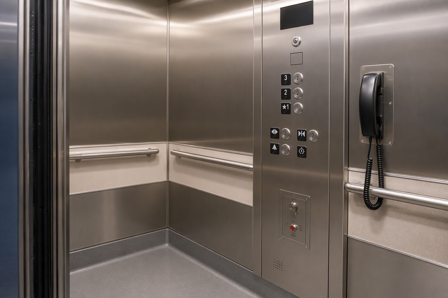 Interior of a hospital elevator cab with antimicrobial stainless-steel walls, ADA-compliant oversized control panel buttons, and seamless vinyl flooring for infection control.