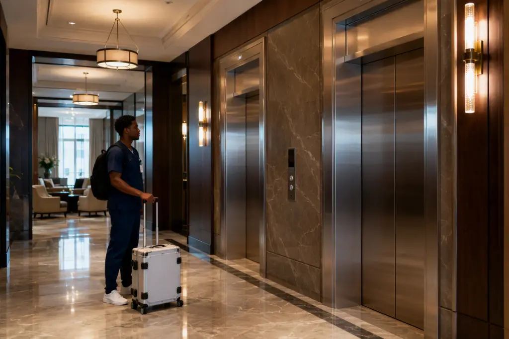 Hotel elevator lobby with stainless steel doors and ADA-compliant call panels in a mid-rise Washington DC hospitality property requiring top-rated maintenance practices.