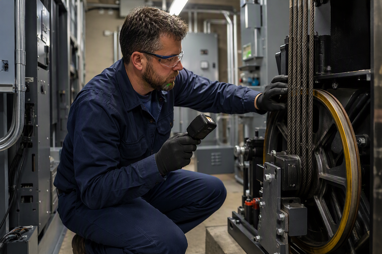 Elevator technician inspecting hoist cables and sheave assembly in a hotel machine room during a preventive maintenance visit under ASME A17.1 standards.
