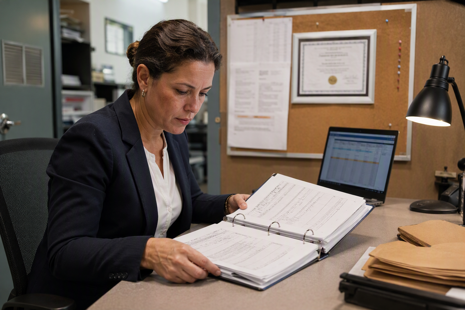 Hotel facility manager reviewing ASME A17.1 elevator inspection records and maintenance logs required for code compliance in Baltimore and Washington DC properties.