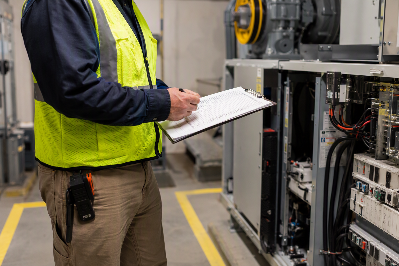 Licensed elevator inspector reviewing compliance checklist in a hotel machine room with traction elevator controller and safety equipment visible, Philadelphia PA