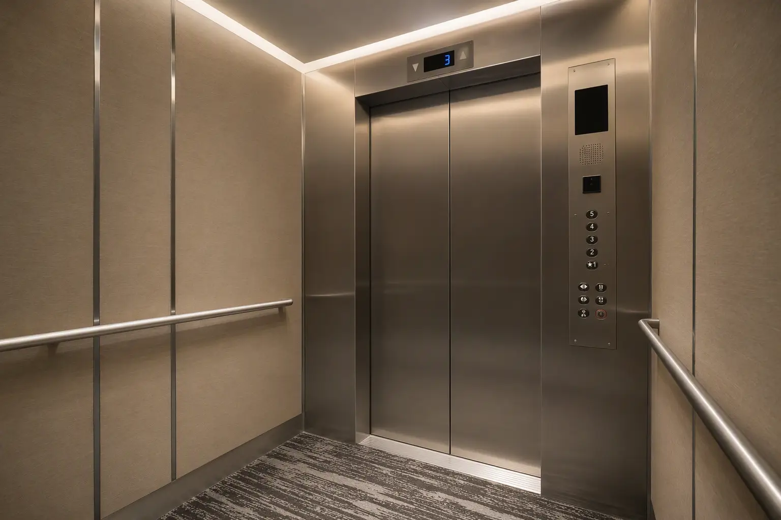 Modernized hotel elevator cab interior with ADA-compliant car operating panel, Braille signage, LED ceiling lighting, and stainless-steel handrails meeting ASME A17.1 accessibility standards