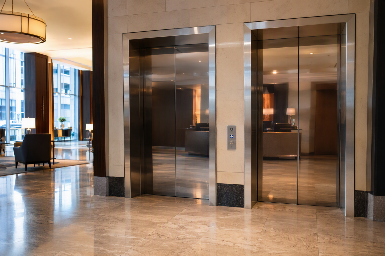 Polished stainless-steel hotel elevator bank in a marble-floored lobby in the Baltimore-Washington DC region, showing ADA-compliant call buttons and code-compliant door surrounds