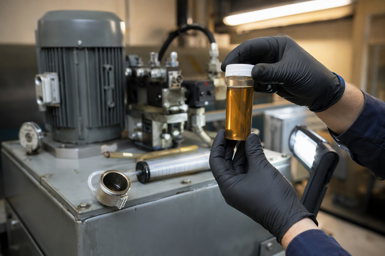 Elevator technician inspecting hydraulic fluid sample for viscosity degradation and oxidation caused by extreme summer heat before fall inspection