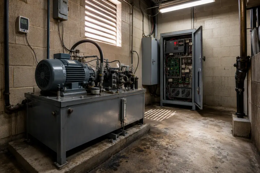 Hydraulic elevator machine room with power unit and VFD controller in a Baltimore mid-rise building showing heat-stress conditions during summer