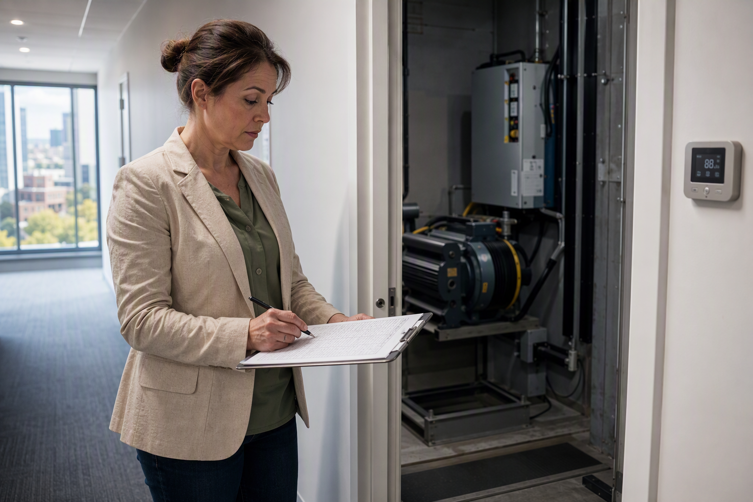 Building manager reviewing machine room temperature log outside elevator equipment room in Washington DC office building before fall inspection season