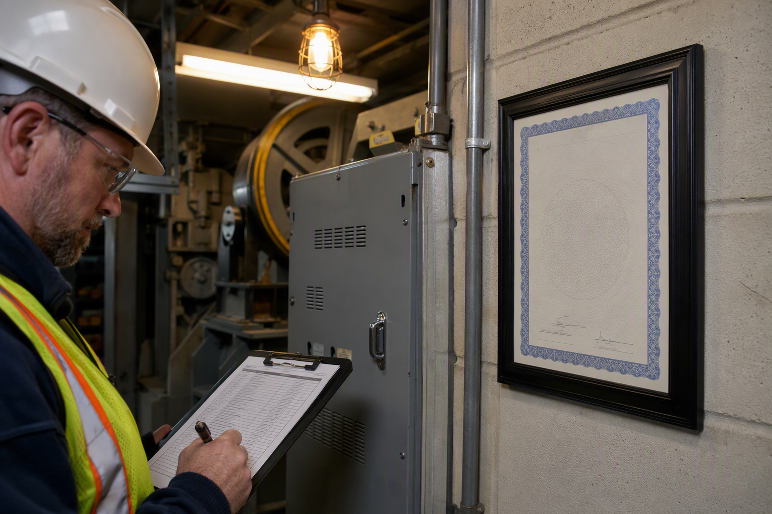 Maryland elevator operating certificate on machine-room wall beside controller cabinet, with licensed inspector reviewing compliance checklist per ASME A17.1 requirements