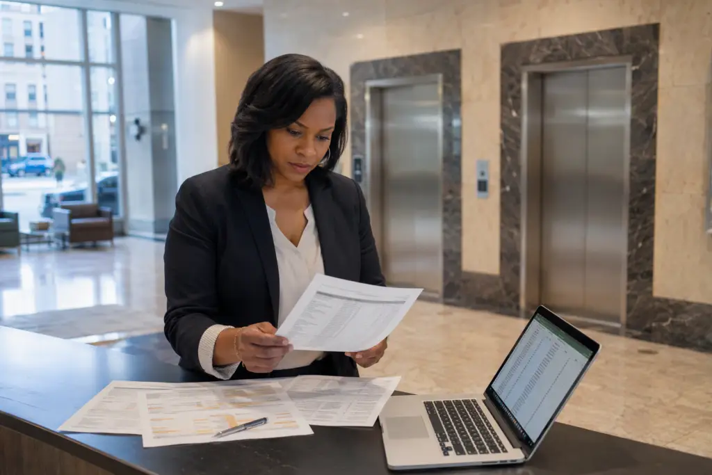 Baltimore building manager reviewing elevator maintenance contract documents in a commercial lobby before selecting an elevator service company in Maryland