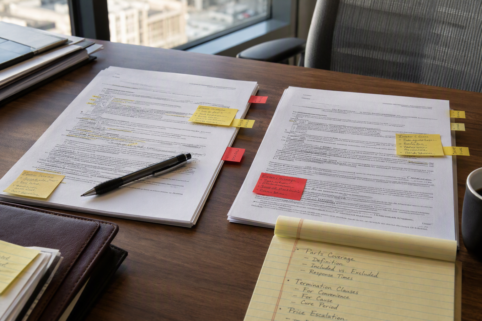 Facilities manager comparing two elevator service contracts side by side on a desk, annotating scope-of-work and termination clauses before signing a maintenance agreement