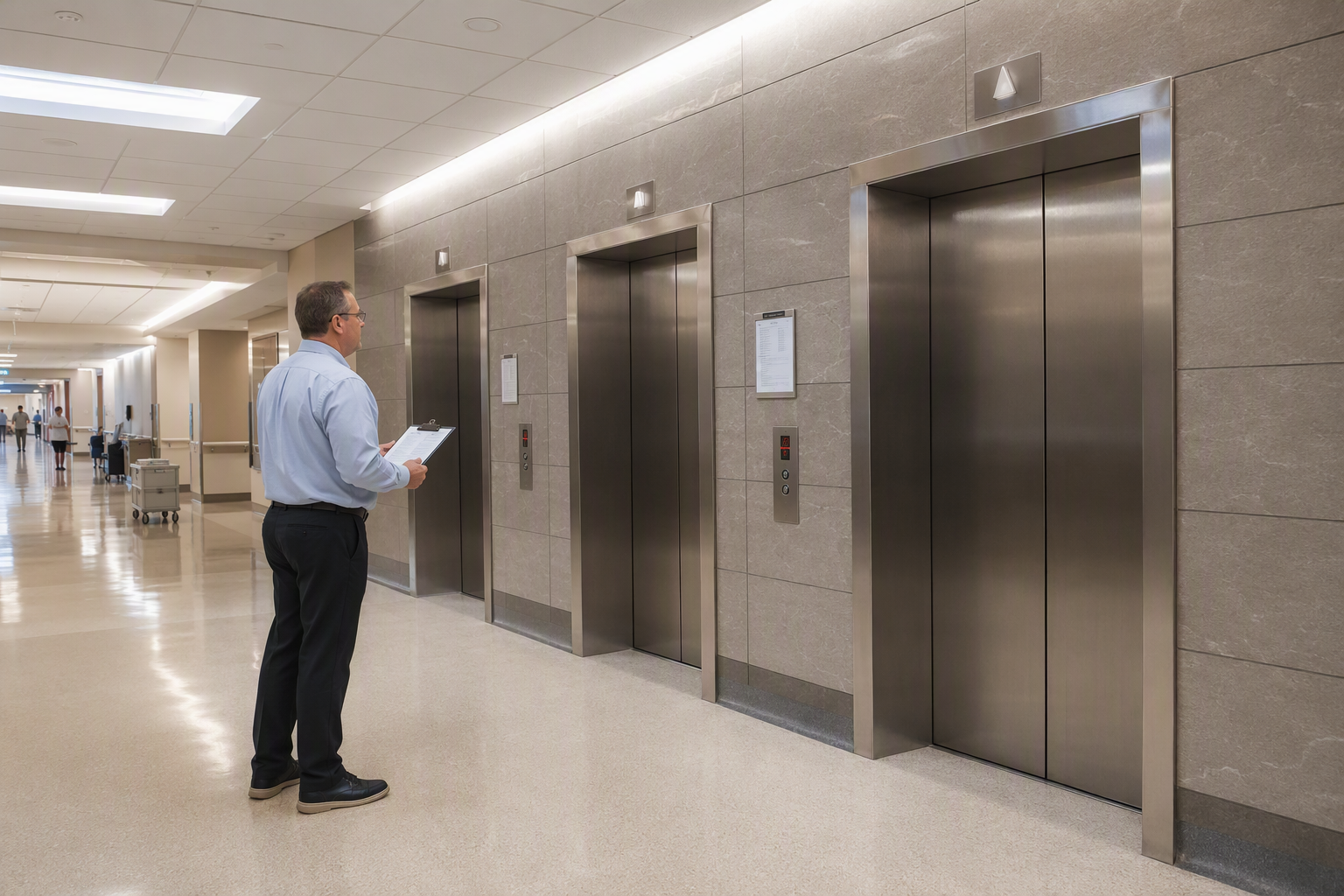 Healthcare facility manager evaluating elevator service vendor performance at a hospital elevator bank in Baltimore or Washington DC, reviewing compliance documentation