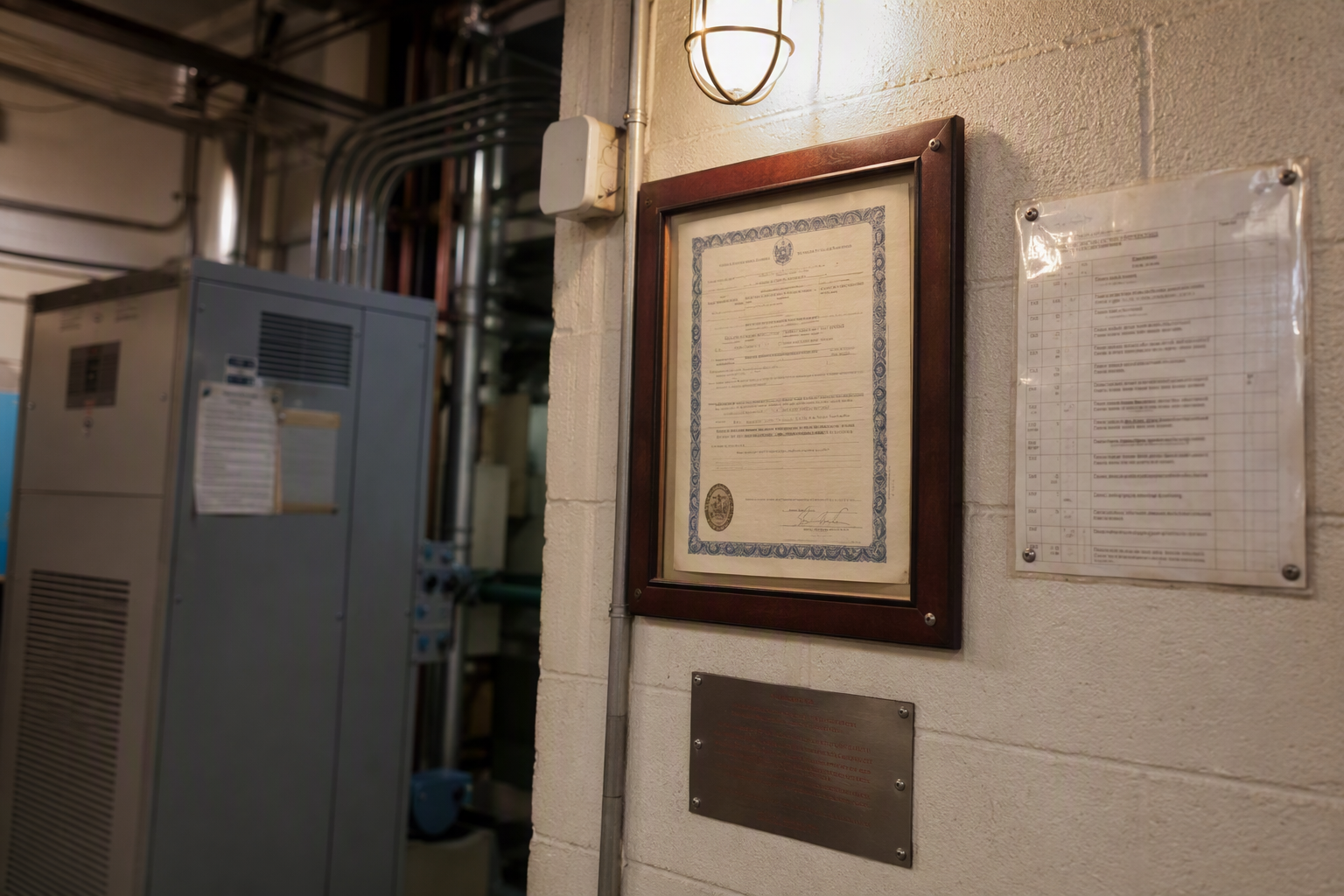State elevator inspection certificate and ASME A17.1 compliance documentation posted in a hospital machine room, critical records reviewed when switching elevator service vendors