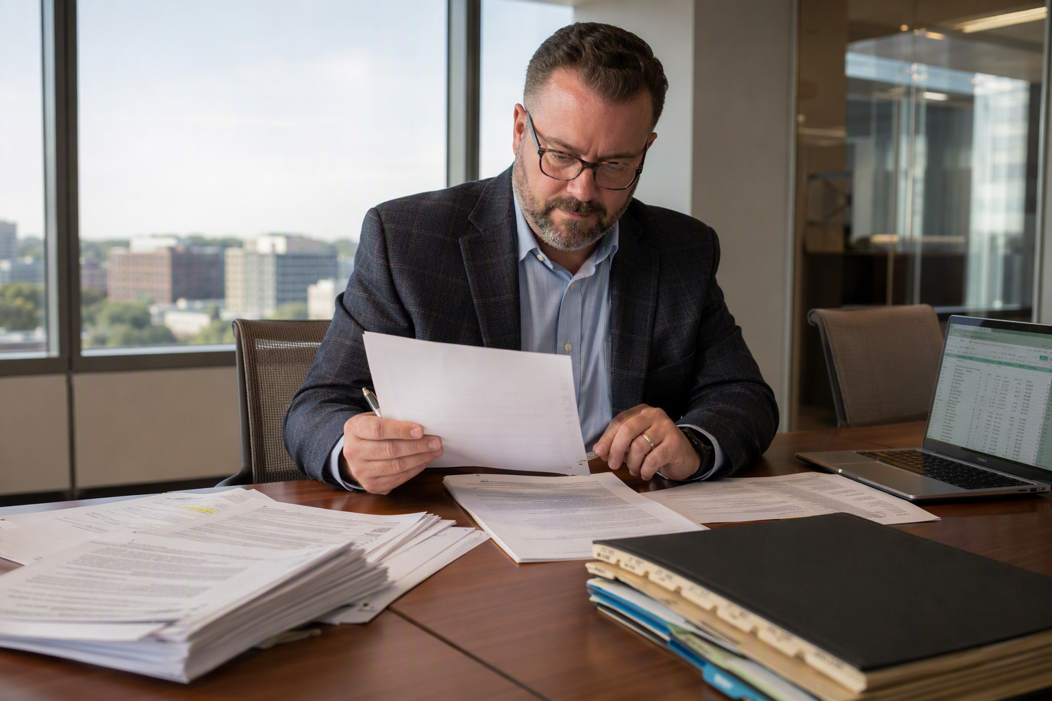 Healthcare facility engineering director comparing elevator service vendor proposals and RFP responses at a conference table, part of a structured process to switch elevator vendors