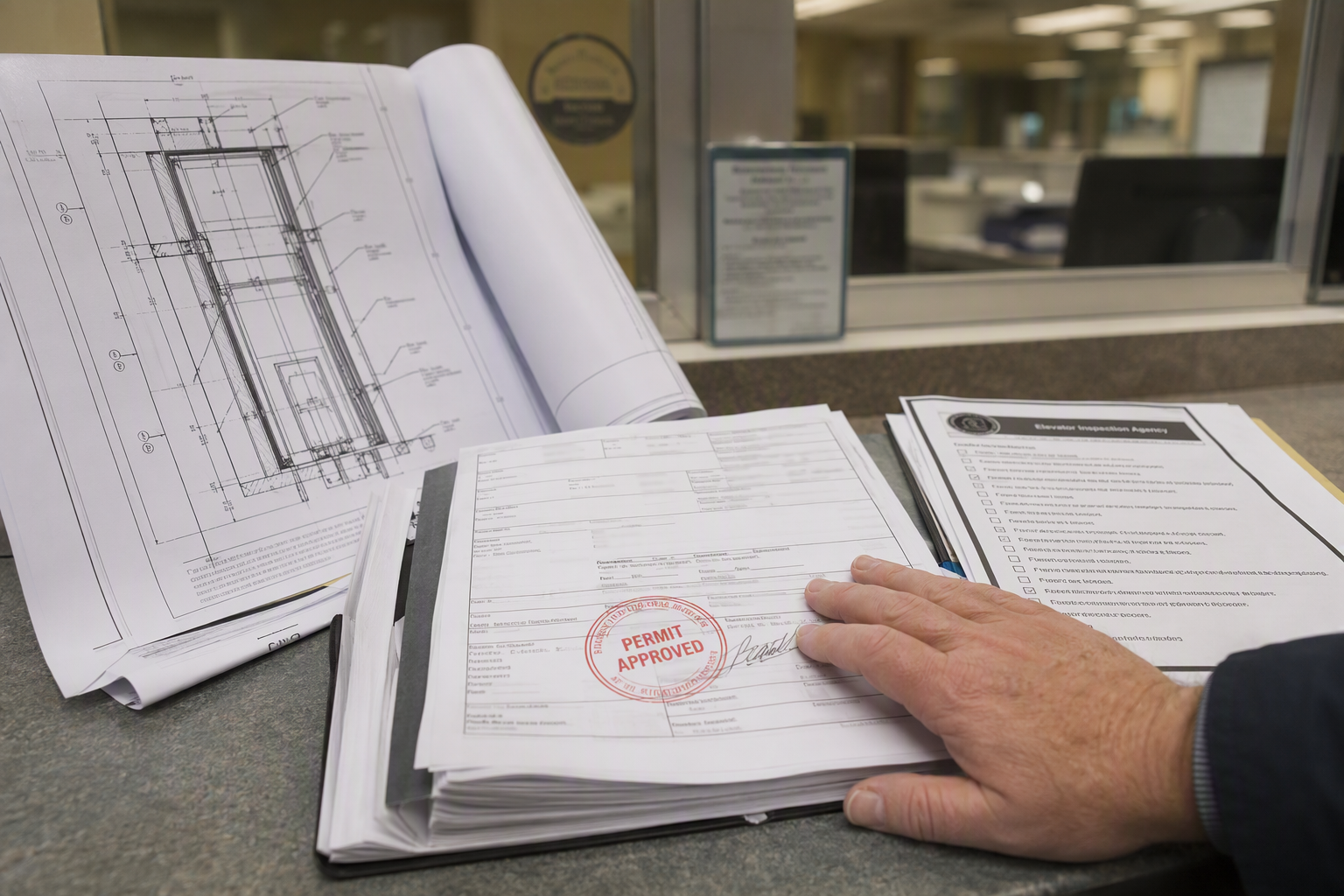 Elevator Permit Approval and Plan Review Elevator permit approval documents with stamped engineering drawings at a Washington DC building department counter, representing the permit phase of commercial elevator installation timelines.