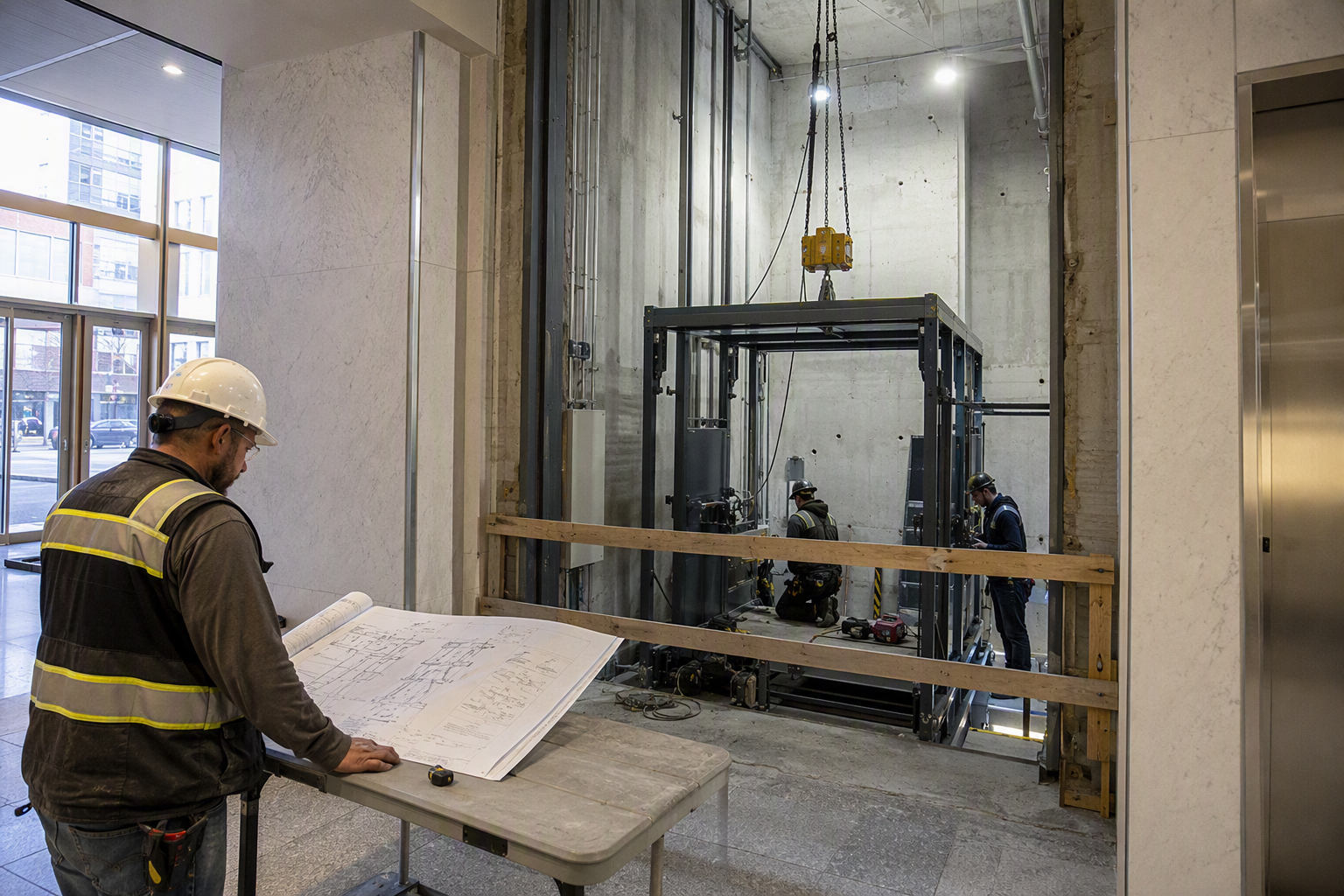 Commercial Elevator Installation in Progress Commercial elevator installation in progress inside a Baltimore mid-rise office building, showing open hoistway, cab frame, and mechanic reviewing installation schematics on site.
