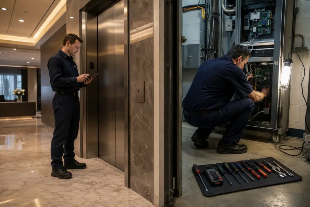 Side-by-side comparison of an OEM elevator technician in a lobby and an independent elevator service technician in a machine room, illustrating OEM vs independent elevator service pros and cons
