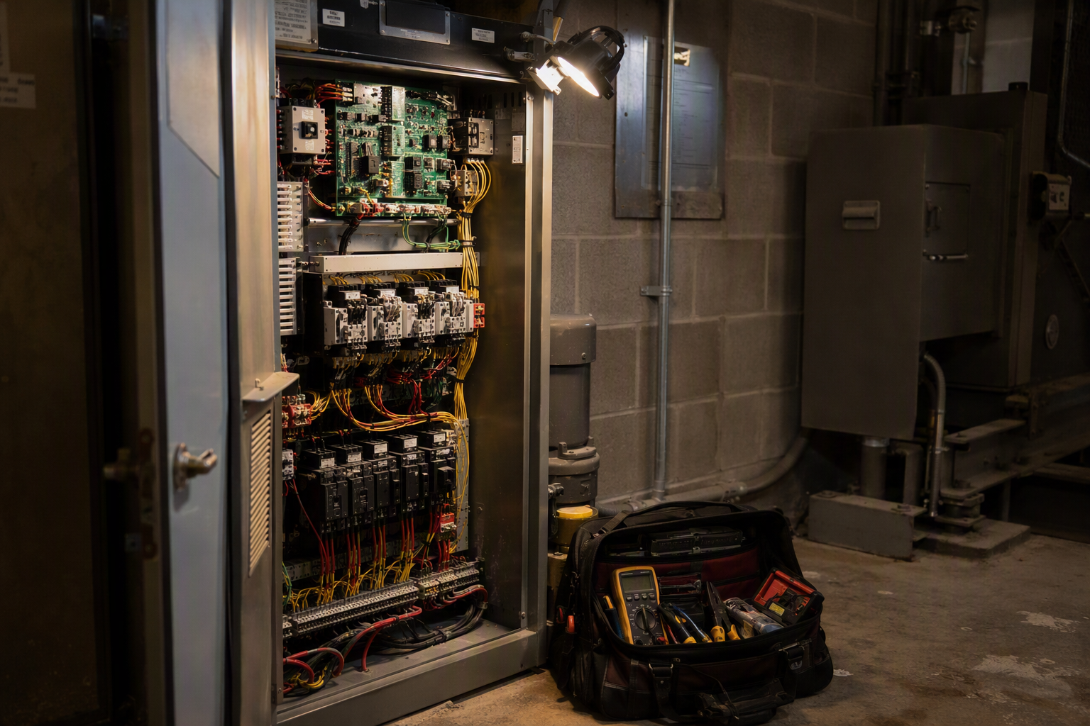 Elevator Machine-Room Controller Open elevator controller cabinet in a Philadelphia machine room showing circuit boards and wiring relevant to multi-brand independent elevator service maintenance