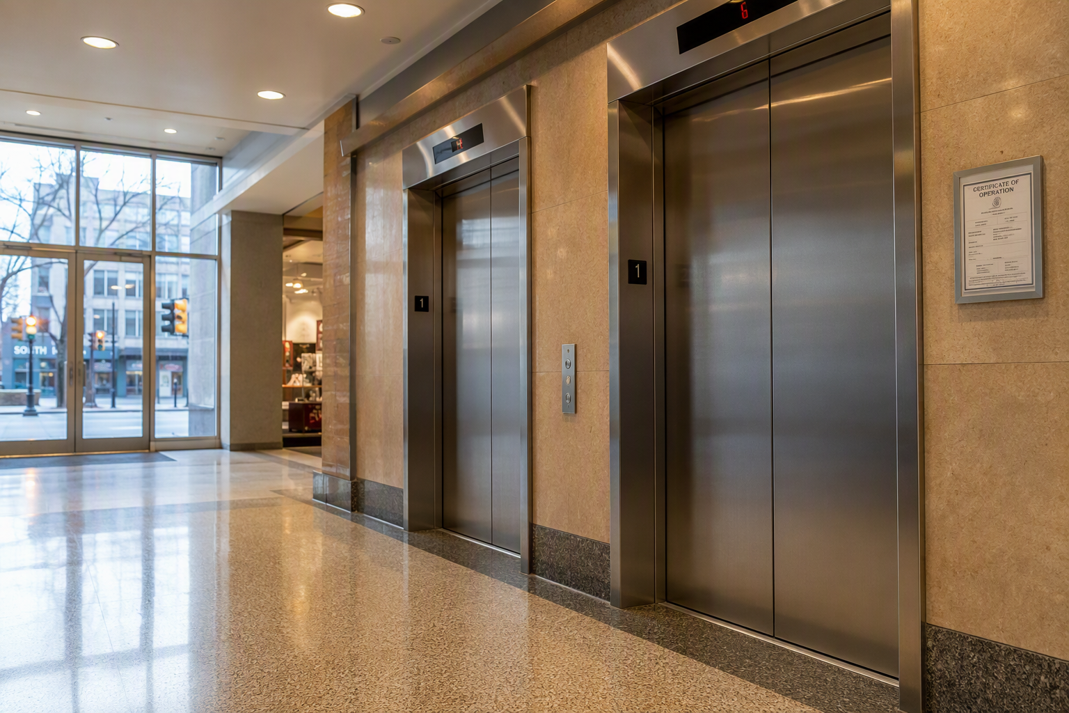 Baltimore Retail Elevator Lobby Bank of stainless-steel passenger elevators in a Baltimore MD retail building lobby with Certificate of Operation placard on the wall, meeting retail elevator maintenance standards.
