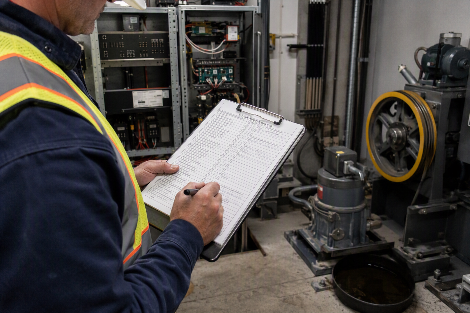 Elevator Compliance Inspection Checklist Licensed elevator inspector reviewing ASME A17.1 compliance checklist in a Baltimore commercial building machine room, documenting retail elevator maintenance standards requirements.