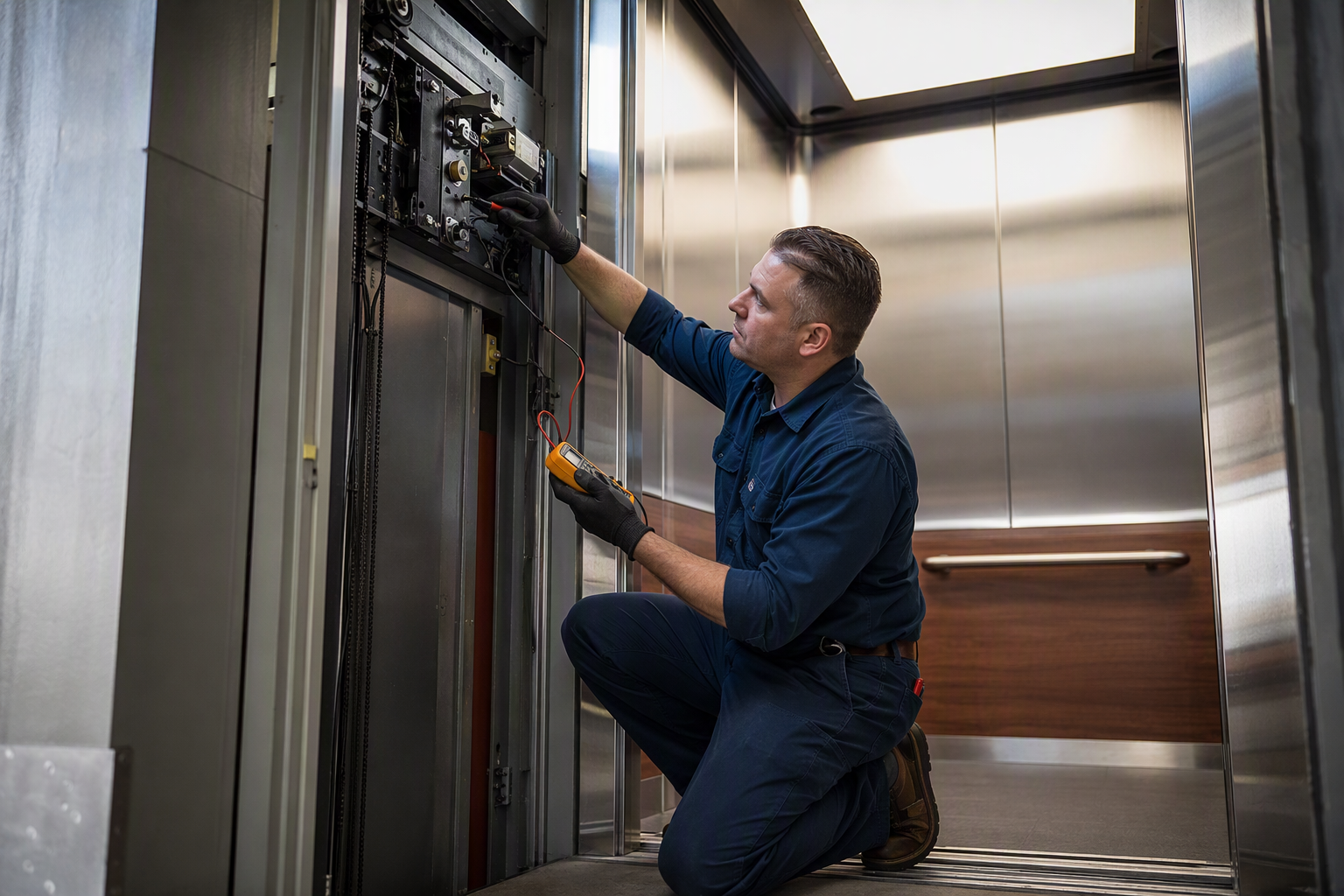 Retail Elevator Door Operator Maintenance Elevator mechanic performing preventive maintenance on a retail elevator door operator in Baltimore MD, ensuring code-compliant and reliable commercial vertical transportation.