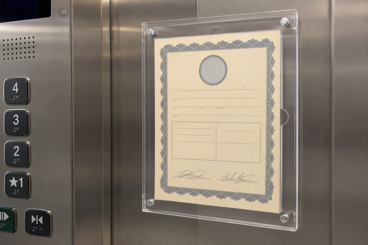 State elevator inspection certificate mounted inside an assisted living facility elevator cab, representing required periodic inspection compliance under ASME A17.1 and state elevator safety programs