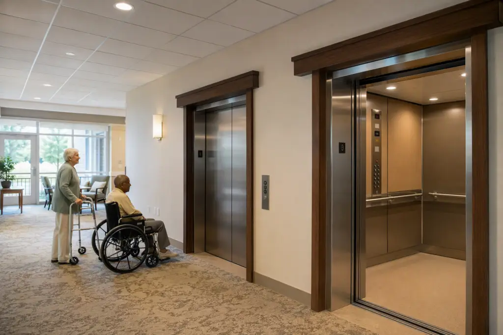 ADA-compliant elevator lobby in an assisted living facility showing open cab with handrails, wide doors, and wheelchair-accessible controls, meeting senior living inspection requirements