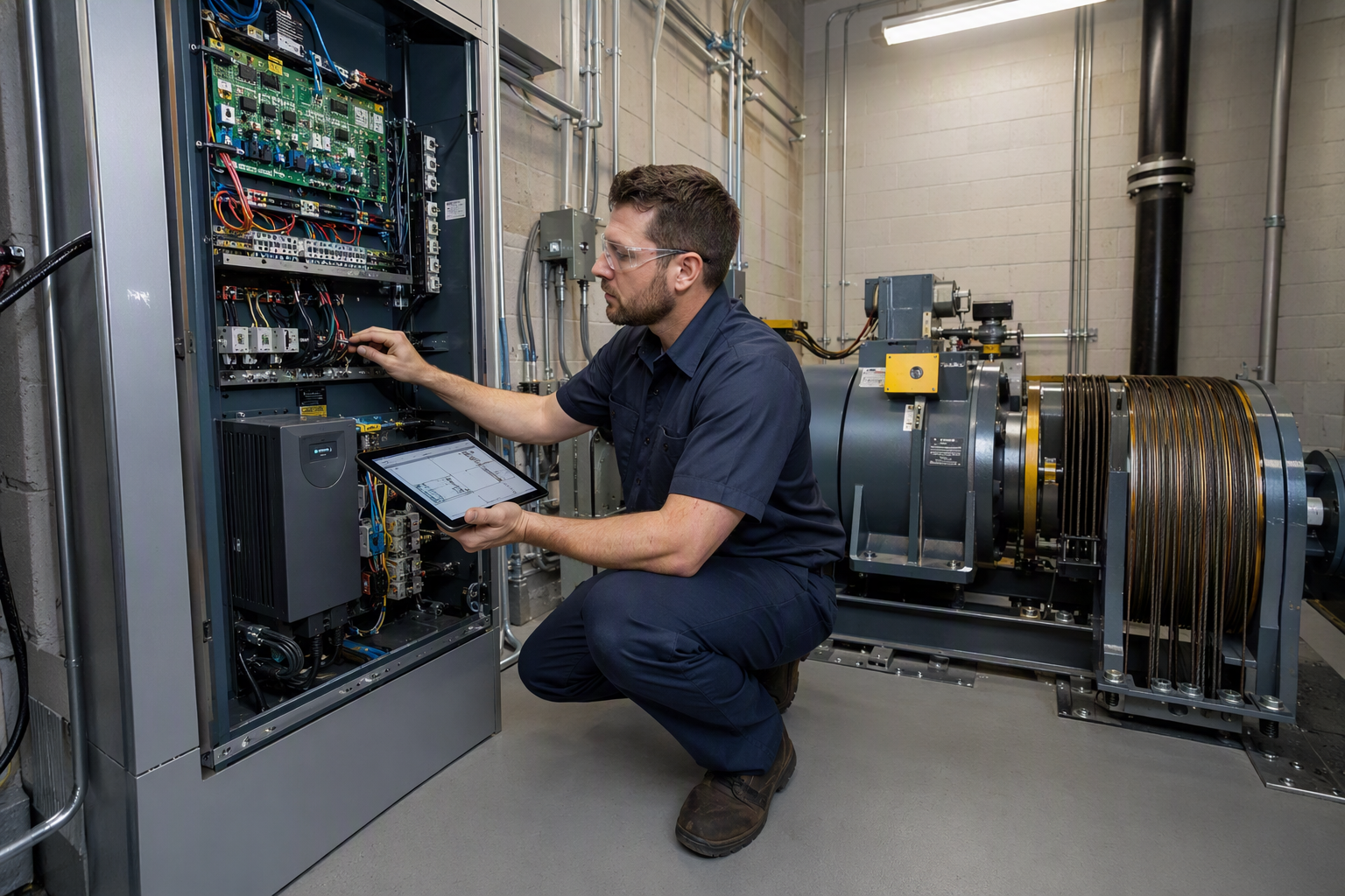 Licensed elevator mechanic inspecting machine room controller and drive unit during routine maintenance visit at a senior living facility, fulfilling ASME A17.1 maintenance interval requirements