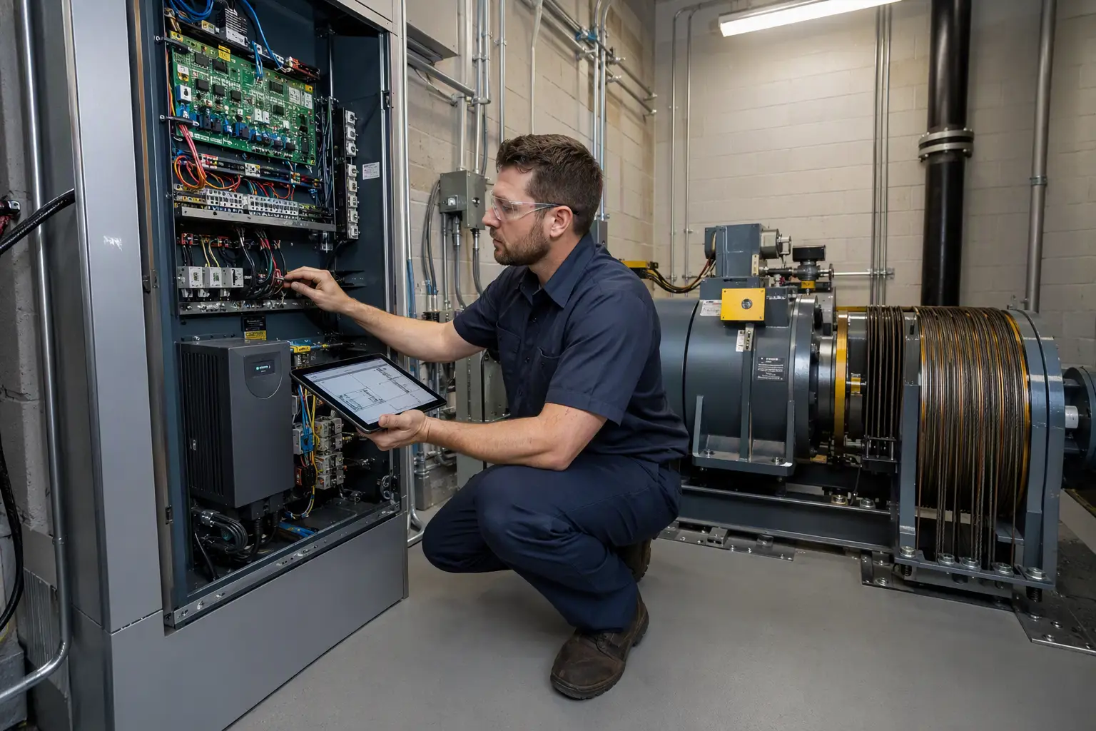 Licensed elevator mechanic inspecting machine room controller and drive unit during routine maintenance visit at a senior living facility, fulfilling ASME A17.1 maintenance interval requirements