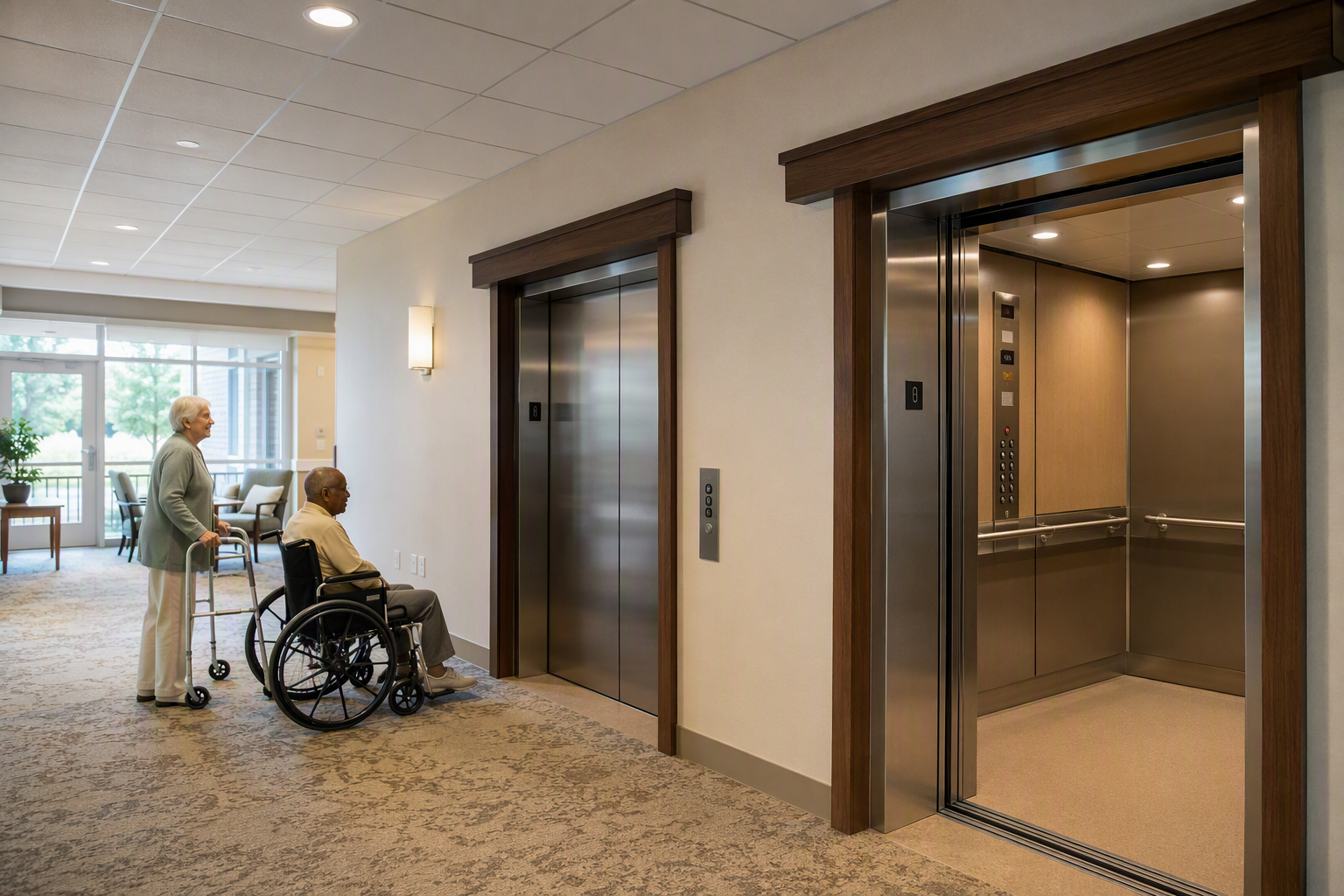 ADA-compliant elevator lobby in an assisted living facility showing open cab with handrails, wide doors, and wheelchair-accessible controls, meeting senior living inspection requirements